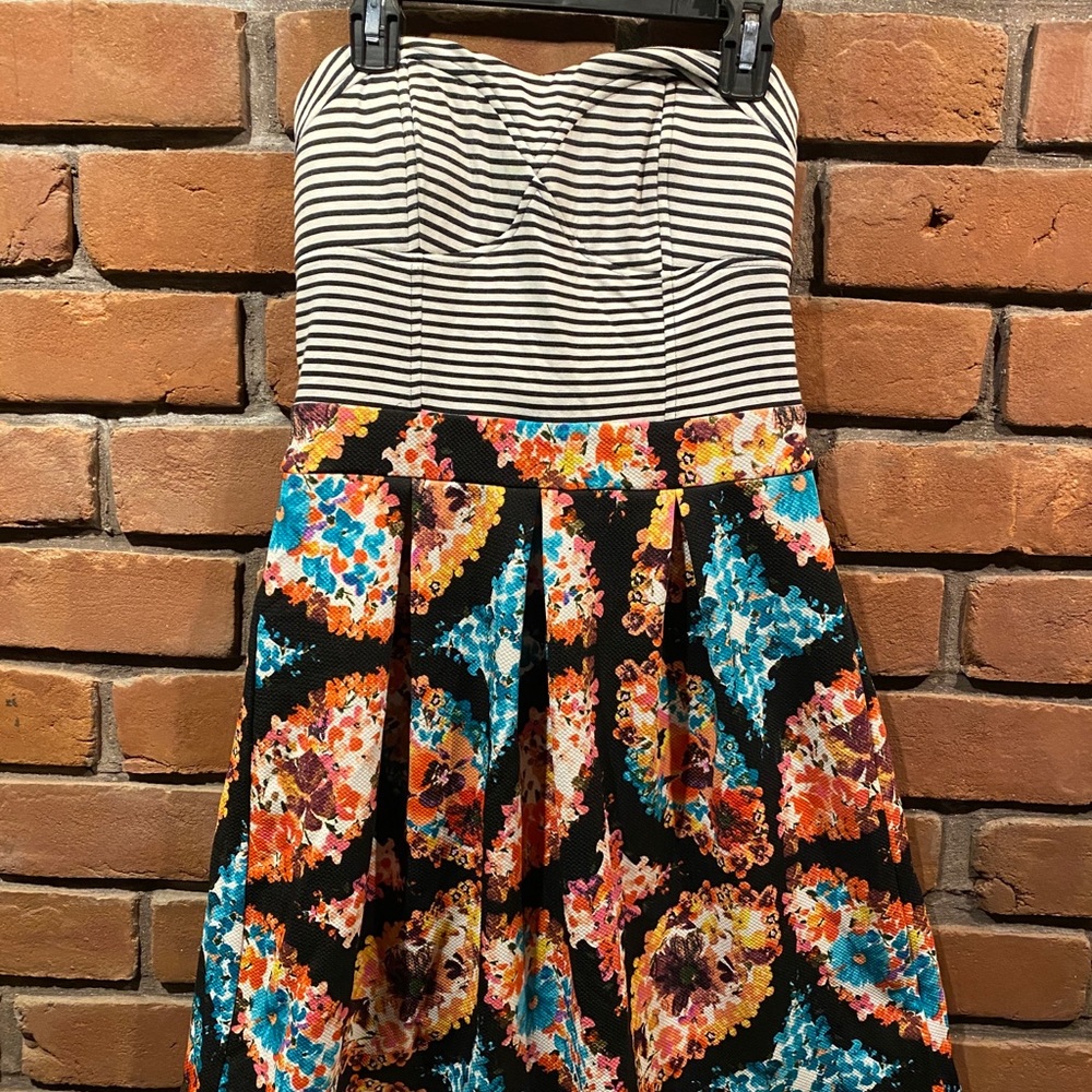 Strapless floral and striped dress